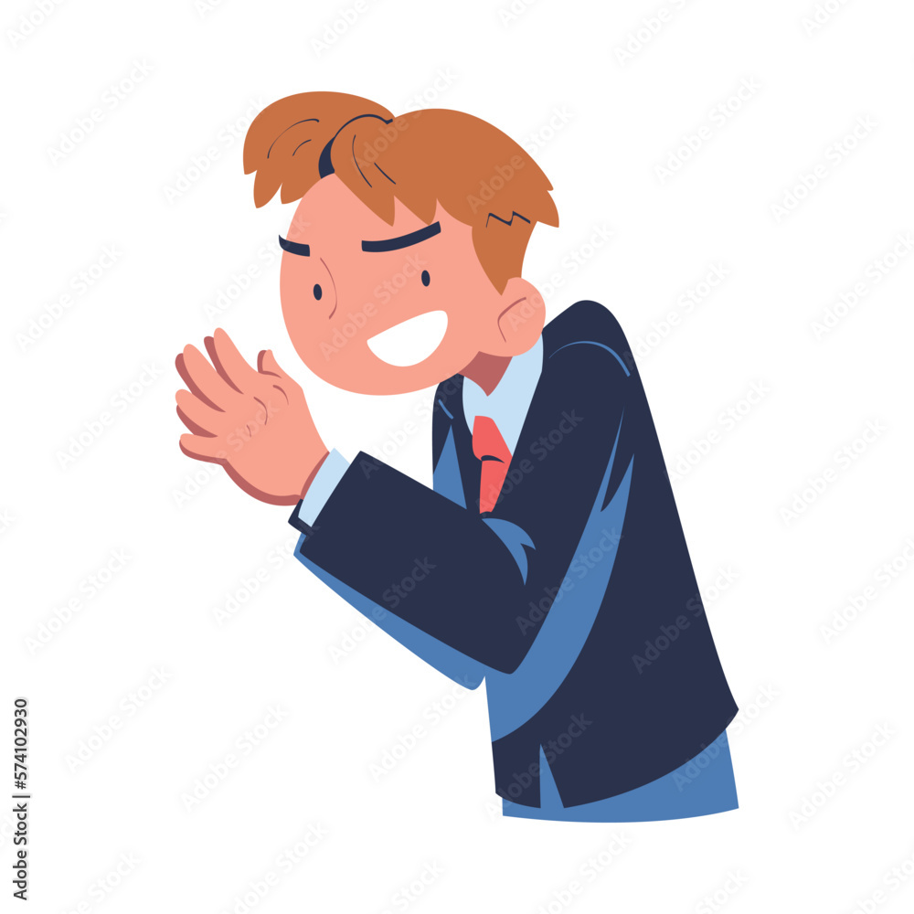 Poster Envious businessman. Angry young man character in suit rubbing his hands cartoon vector illustration