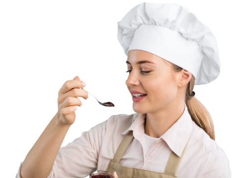A beautiful young woman in chef hat is holding a spoon, - Powered by Adobe