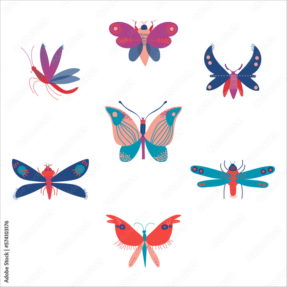 Poster set of flying insects. butterfly, mosquito, dragonfly insect cartoon vector illustration