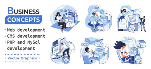 Fototapeta premium Website architecture concepts metaphor. Web development, PHP and MySQL, CMS, interface design, software testing. Creation digital Software mobile, desktop platforms. Digital content management system