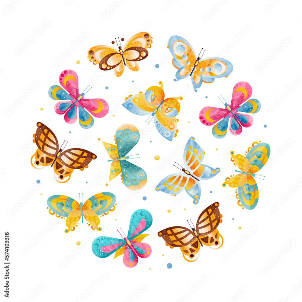 Poster Butterfly Design with Fluttering Insect with Brightly Coloured Wings Vector Circle Arrangement