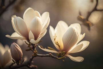 White magnolia on a blurry background. Garden flowers background. Generative AI.