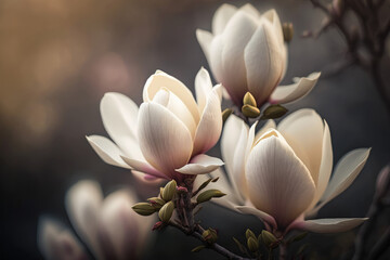 White magnolia on a blurry background. Garden flowers background. Generative AI.