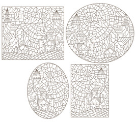 A set of contour illustrations in the style of stained glass with urban landscapes , dark contours on a white background
