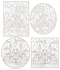 Set contour illustration of stained glass of landscapes with ancient castles, dark outlines on a white background