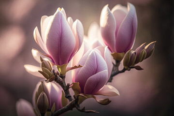 Fototapeta na wymiar Pink magnolia on a blurry background. Garden flowers background. Generative AI.