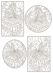 Set of contour illustrations of stained-glass Windows with flowers dragonflys and butterflies, dark contours on a white background