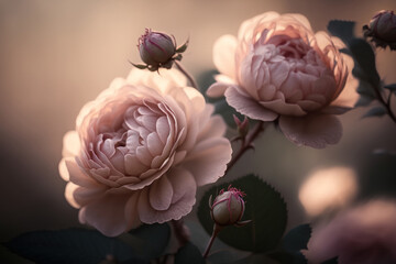Pink peonies on a blurry background. Garden flowers background. Generative AI.