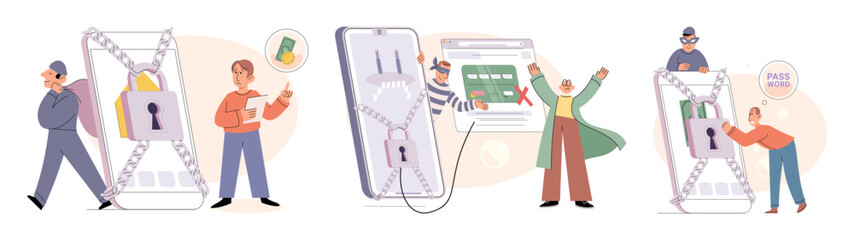 Hacker activity. Hacking computer. Phishing account, steal data, cyber attack. Stealing password. Cyber crime, theft personal information, cyber security spy access. Internet fraud scenes set metaphor