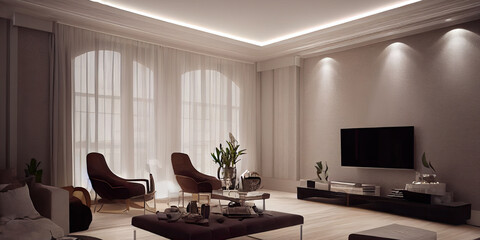 Large luxury modern elegant interiors Living room mockup. Modern style of furniture decoration. Generative AI illustration.