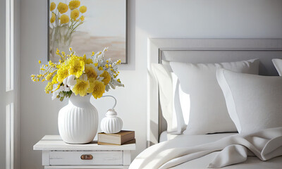 Bright cozy bedroom with yellow flowers in Scandinavian style, generative AI