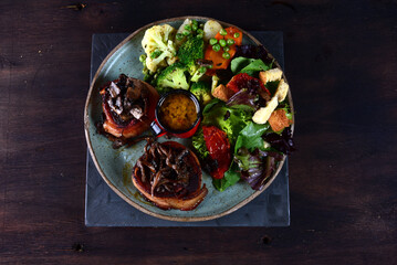 sliced meat with bacon salad toast and mustard sauce