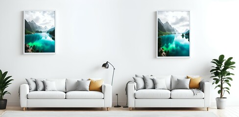Illustration of a room with several chairs, ornaments, painting frames, potted plants, with a window with a mountain view in the background. Generative with AI