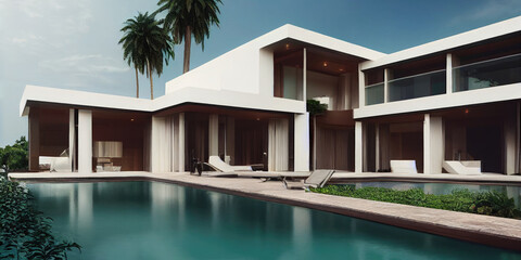 Obraz na płótnie Canvas Luxury pool villa spectacular contemporary design digital art real estate , home, house and property, Generative AI illustration.