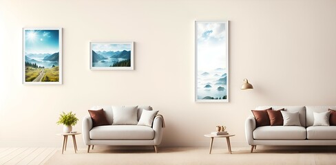 Illustration of a room with several chairs, ornaments, painting frames, potted plants, with a window with a mountain view in the background. Generative with AI