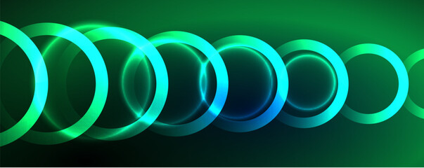 Neon glowing circles and round shape lines, magic energy space light concept, abstract background wallpaper design