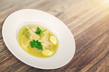 Delicious hot soup dish in plate