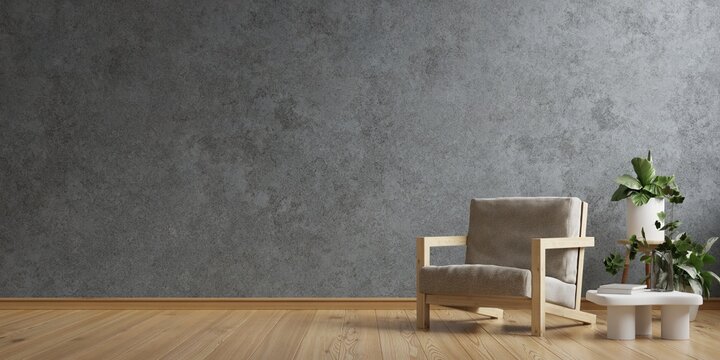 Style loft interior with armchair on dark cement wall background.