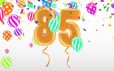 85 birthday Happy birthday, congratulations poster. Balloons numbers with sparkling confetti ribbon, glitter bright