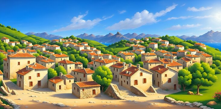 Cartoon mode picture of a small village, quiet peaceful atmosphere with soft light in the blue sky. Generative with AI