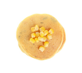 Tasty corn pancakes with sweet kernels isolated on white, top view