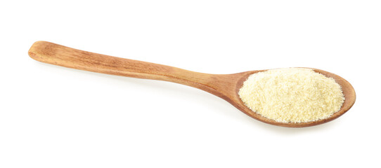 Wooden spoon with quinoa flour on white background