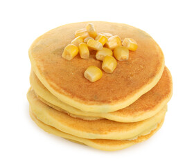 Stack of tasty corn pancakes with sweet kernels isolated on white