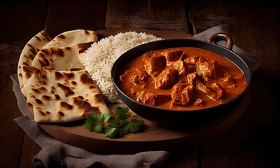 Chicken tikka masala in a plate with rice and naan bread on wooden background, generative AI
