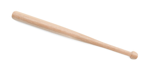 Wooden baseball bat isolated on white, top view. Sports equipment