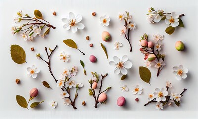 Composition of spring blossoms on a white backdrop, Concept for Easter, flat lay, generative AI