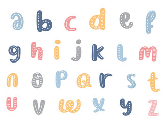 Pastel Color Cute Alphabet Lowercase Letter. Lowercase letters A to Z in different pastel colors. Pastel color hand drawn alphabet with lowercase letters - obrazy, fototapety, plakaty