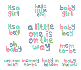 Baby shower lettering with love decoration. Set of vector cards for baby shower with pastel color. Hand drawn lettering for babby shower 