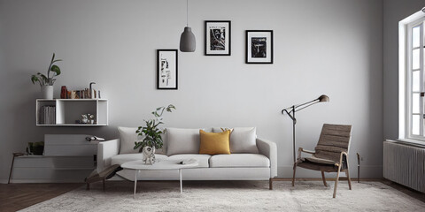 Fototapeta na wymiar mock up poster frame in boho interior background, wooden living room design, Scandinavian style. Generative AI illustration