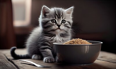Cute gray kitten eating out of a white bowl in the kitchen, generative AI