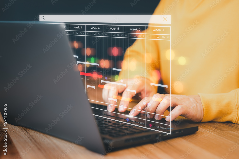 Poster Man working with technology computer in business analytics and data management system to make report with KPI and metrics connected to database. Corporate strategy for operations, planing, marketing.