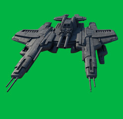 Light Space Ship Gunship on Green Screen Background - Front View, 3d digitally rendered science fiction illustration