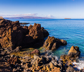Rocky Coastline With The West Maui Mountains, Puu Olai Cinder Cone Hiking Trail, Maui, Hawaii, USA