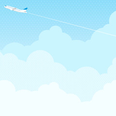 もくもくした雲と、その上を飛ぶ飛行機　背景素材（正方形）