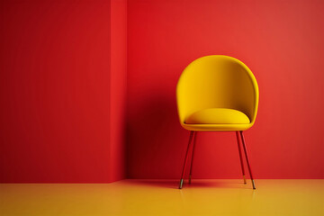 Empty yellow chair on bright red background. Generative AI