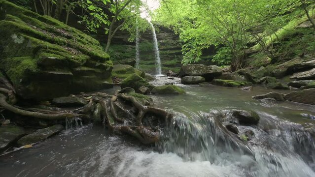 Wide angle twin double waterfall from Ozark Mountains of Arkansas