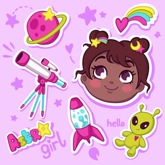 Fototapeta premium Cartoon cute face of kid girl with astronomy items. Space sticker set of kid's scientific hobby include telescope, rocket lava lamp, alien toy, stars and planets. Colorful flat vector illustration