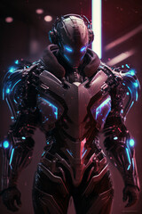A cybernetic knight glowing purple blue and body. Generative ai illustration