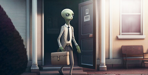 Alien wearing suit, carrying briefcase going to work in the morning - 574108303