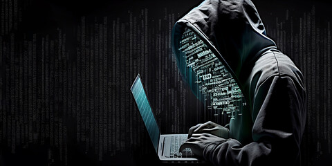 Hacker in hoodie with laptop computer,  dark security technology background concept - 574108313