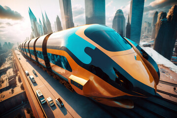 Obraz premium Prototype of a futuristic high speed train on modern city. Generative ai illustration