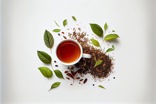 Herbal tea leaves on white background