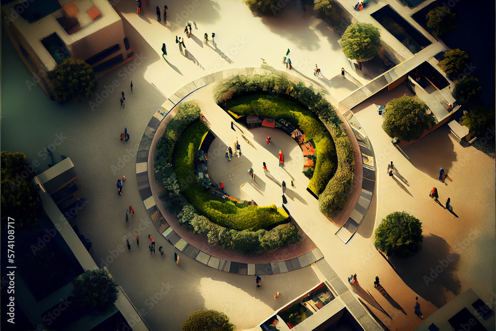 Wall mural top down view of a conceptual harmony city, organic shapes, tilt-shift, minimalist, walkways, people