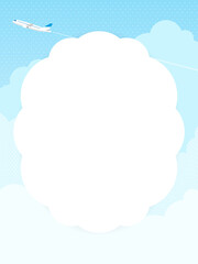 もくもくした雲と、その上を飛ぶ飛行機　背景・フレーム素材（縦向き）