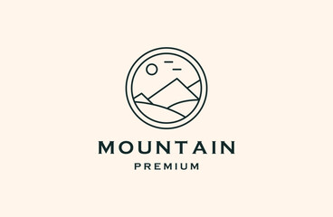 mountain and sun views. Modern outline design illustration of a sun and mountain view on a lake.