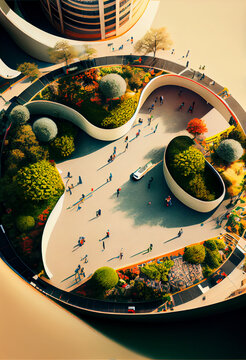 Top down view of a conceptual harmony city, organic shapes, tilt-shift, minimalist,  walkways, people, European cities of the future, nature meets urban design